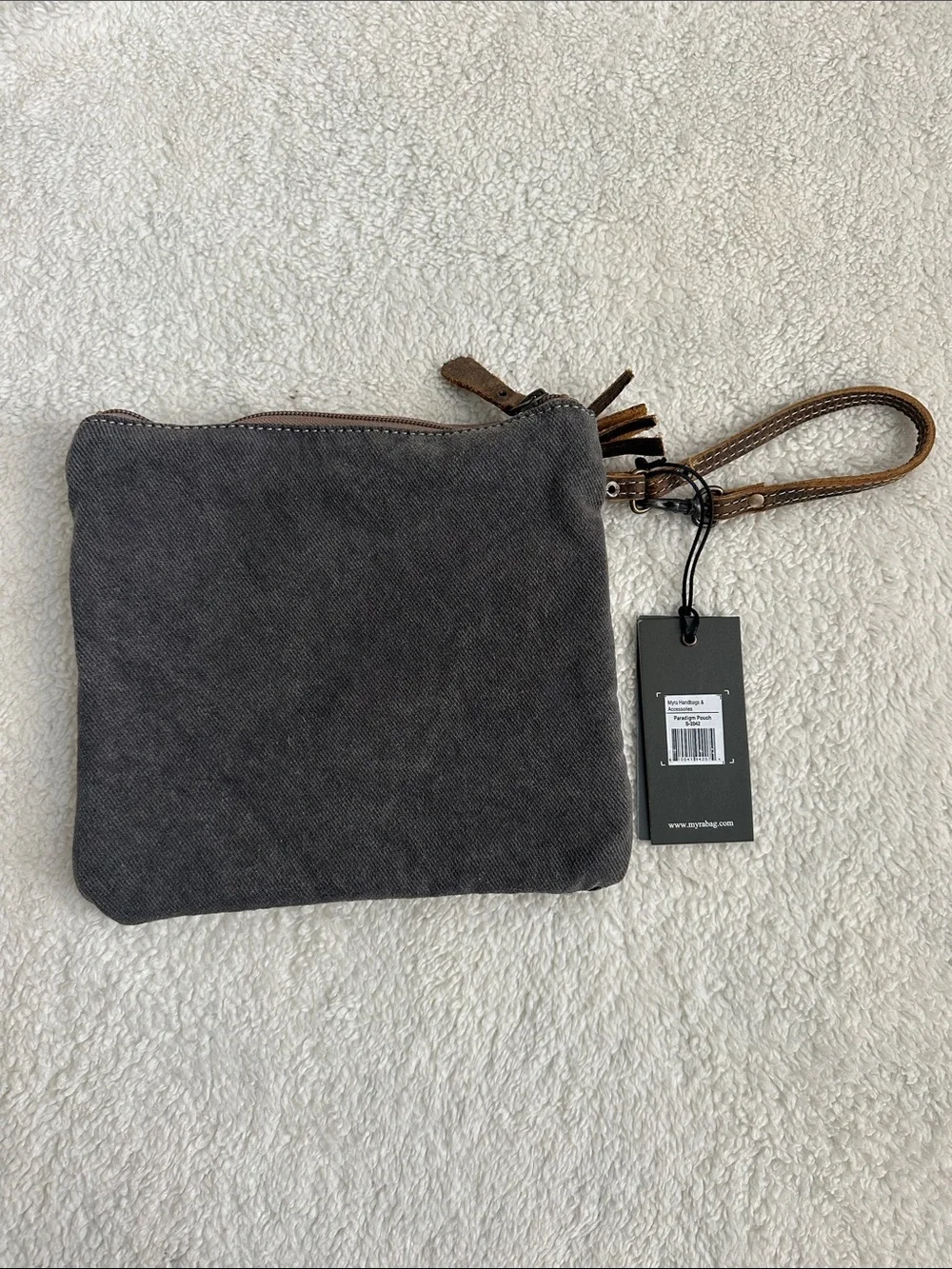 Myra Bag Upcycled Brown Leather Wristlet Clutch Neutral Woven Tapestry Boho